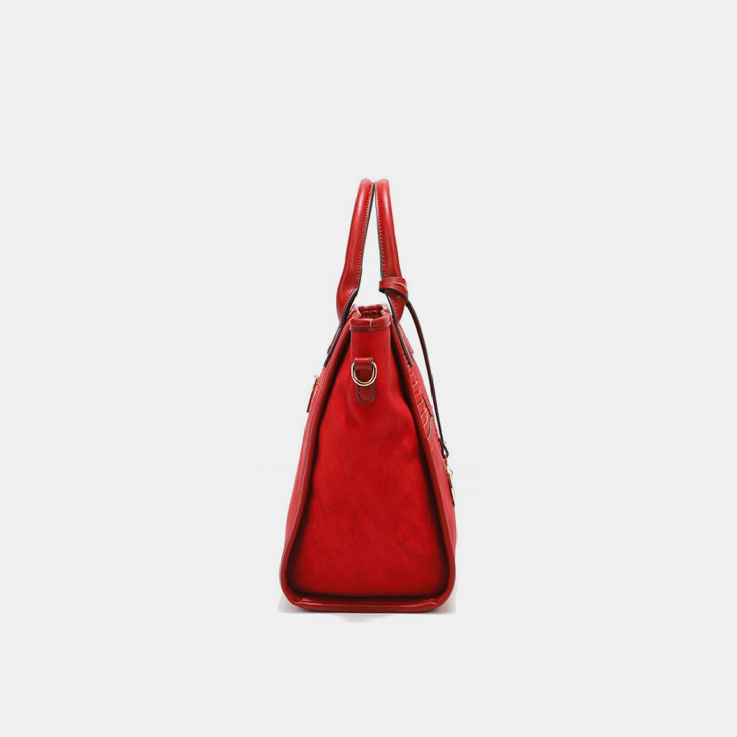 Side profile of an elegant accessory: the Nicole Lee USA Scallop Stitched Handbag, available at Marianela's Exclusive Shop, LLC. This red handbag boasts a sleek, structured design with twin handles and features scallop stitching along with silver-toned hardware, including a ring attachment detail on the side. The image is set against a plain white background.