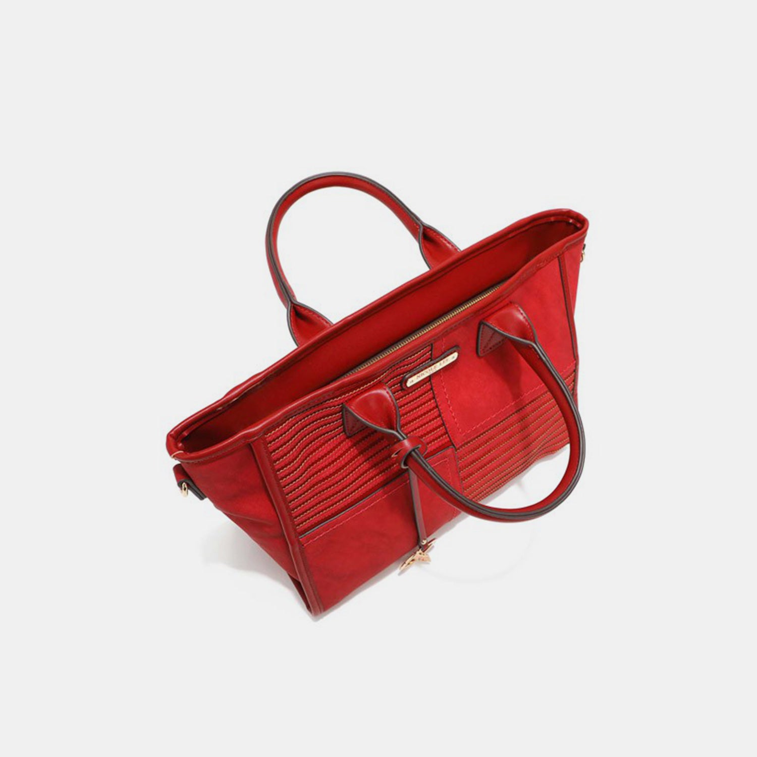 The Nicole Lee USA Scallop Stitched Handbag from Marianela's Exclusive Shop, LLC is a vibrant red vegan leather accessory adorned with gleaming gold hardware. It features double handles, a zippered top, and intricately textured horizontal lines for added design flair. The handbag includes a front pocket highlighted by a small gold logo plate and offers a spacious, well-structured interior that exudes elegance.