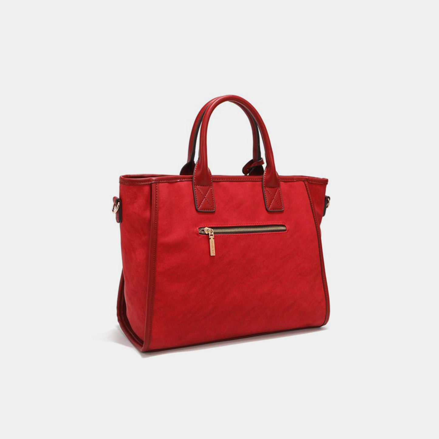 Introducing the Nicole Lee USA Scallop Stitched Handbag by Marianela's Exclusive Shop, LLC. This vibrant red vegan leather tote features dual handles with black edging and a detachable shoulder strap. The elegant accessory includes a front zippered pocket with a gold zipper and boasts a sleek, structured design, exquisitely showcased against a white background.