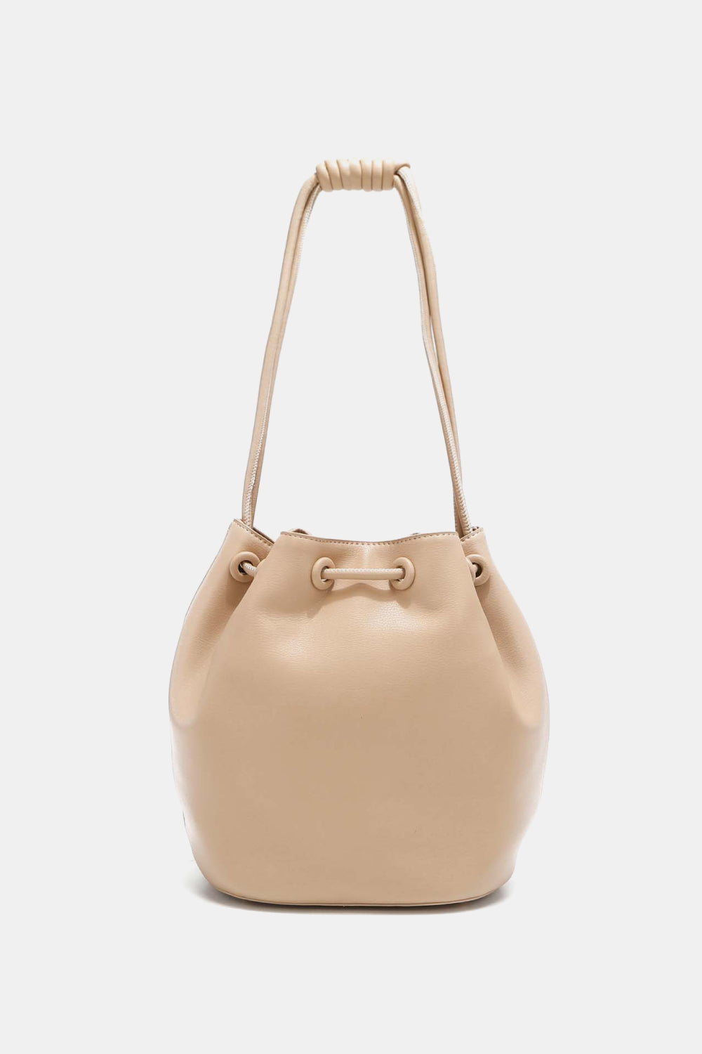 The Nicole Lee USA Amy Studded Bucket Bag, available at Marianela's Exclusive Shop, LLC, is a beige drawstring bucket bag made from pebbled vegan leather with thin shoulder straps. It features a gathered top with drawstring and snap button closure details and boasts a simple, minimalist design.