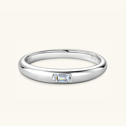 925 Sterling Silver Inlaid Square Moissanite Band Ring in Silver laying flat on a white background.