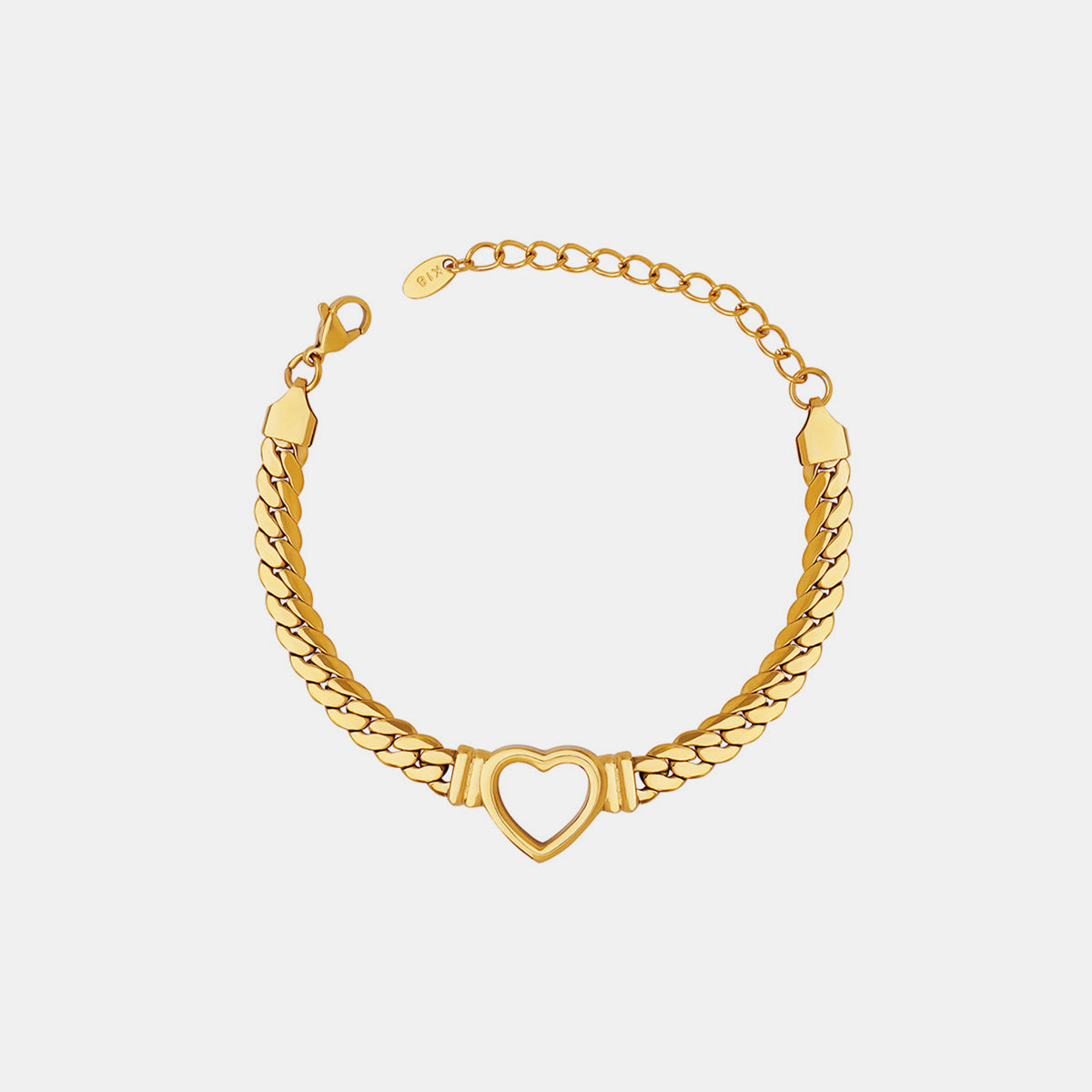 Introducing the Titanium Steel Cutout Heart Bracelet by Marianela's Exclusive Shop, LLC—a stunning piece with an 18K gold-plated finish. This bracelet features a polished appearance along with a cutout heart-shaped central piece. The linked chain design on both sides and an adjustable lobster clasp make it both elegant and versatile.