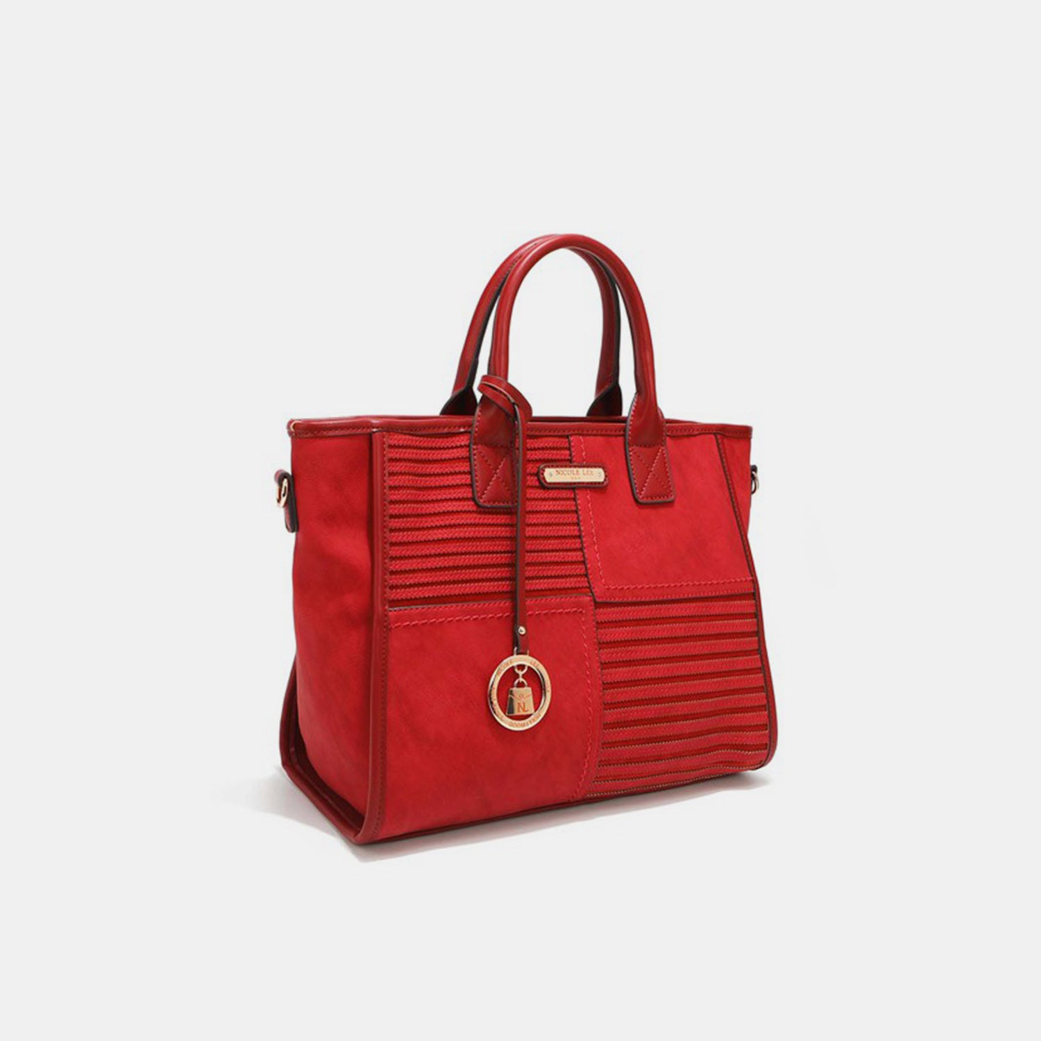 The Nicole Lee USA Scallop Stitched Handbag from Marianela's Exclusive Shop, LLC is a vibrant red vegan leather accessory with a structured silhouette and dual handles. The front boasts scallop-stitched panels and a small gold emblem with a dangling charm. This stylish and modern handbag exudes elegance, making it suitable for various occasions.
