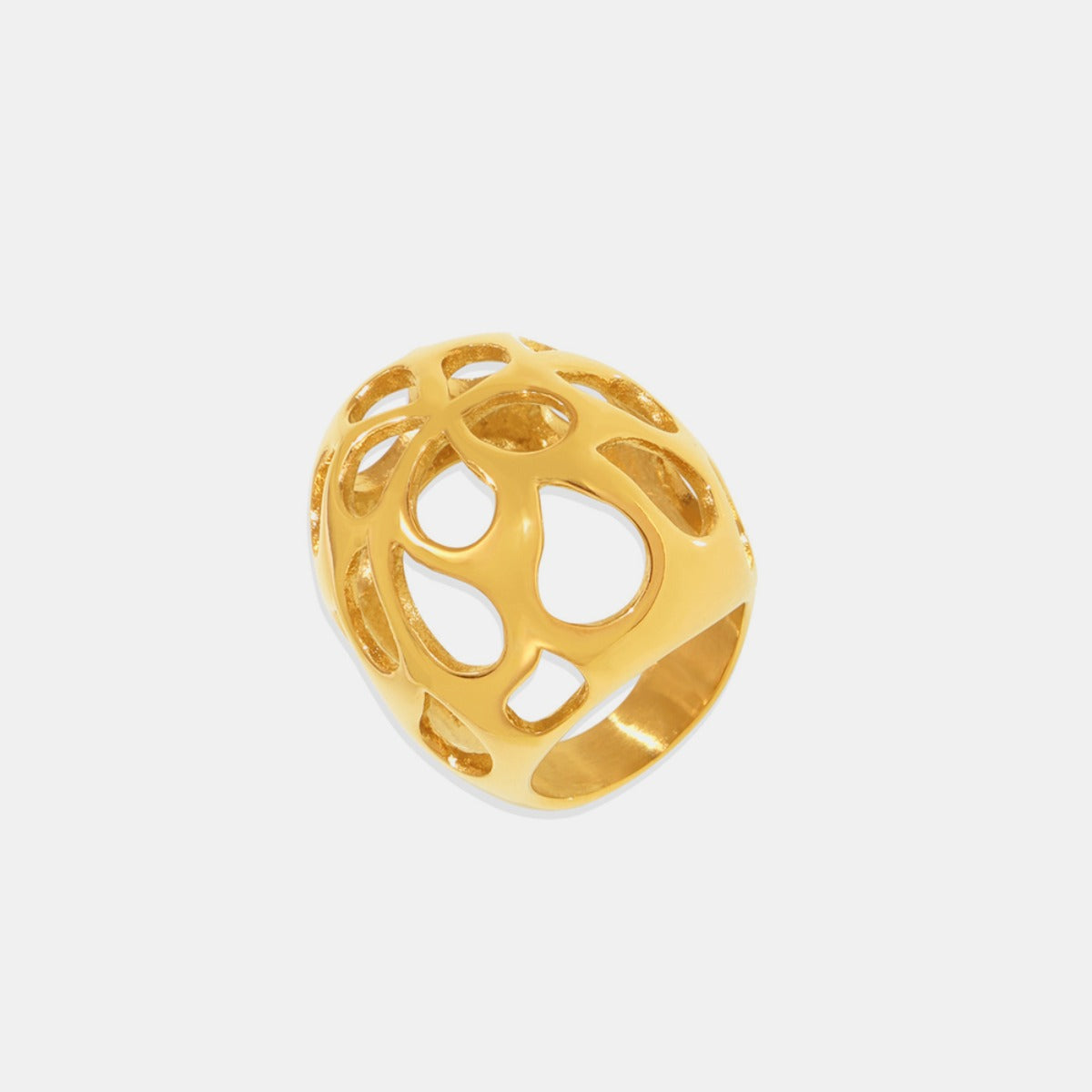 The Gold-Cutout Elegance Ring from Marianela's Exclusive Shop is an exquisite piece of jewelry, crafted with 18K gold plating and showcasing a detailed openwork design inspired by abstract organic forms. Photographed on a plain white background, this ring radiates modern minimalist elegance and sophistication.