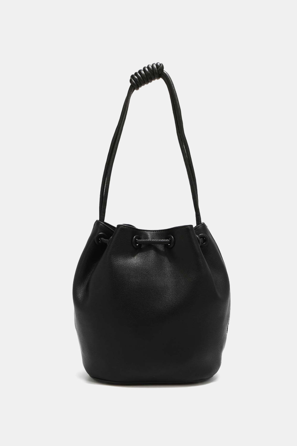 Introducing the Nicole Lee USA Amy Studded Bucket Bag from Marianela's Exclusive Shop, LLC. This minimalist and sleek design features a black pebbled vegan leather construction with an elegant drawstring and snap button closure. The single, knotted shoulder strap enhances its smooth texture and simple shape. The bag is showcased against a plain white background, highlighting its sophisticated style.