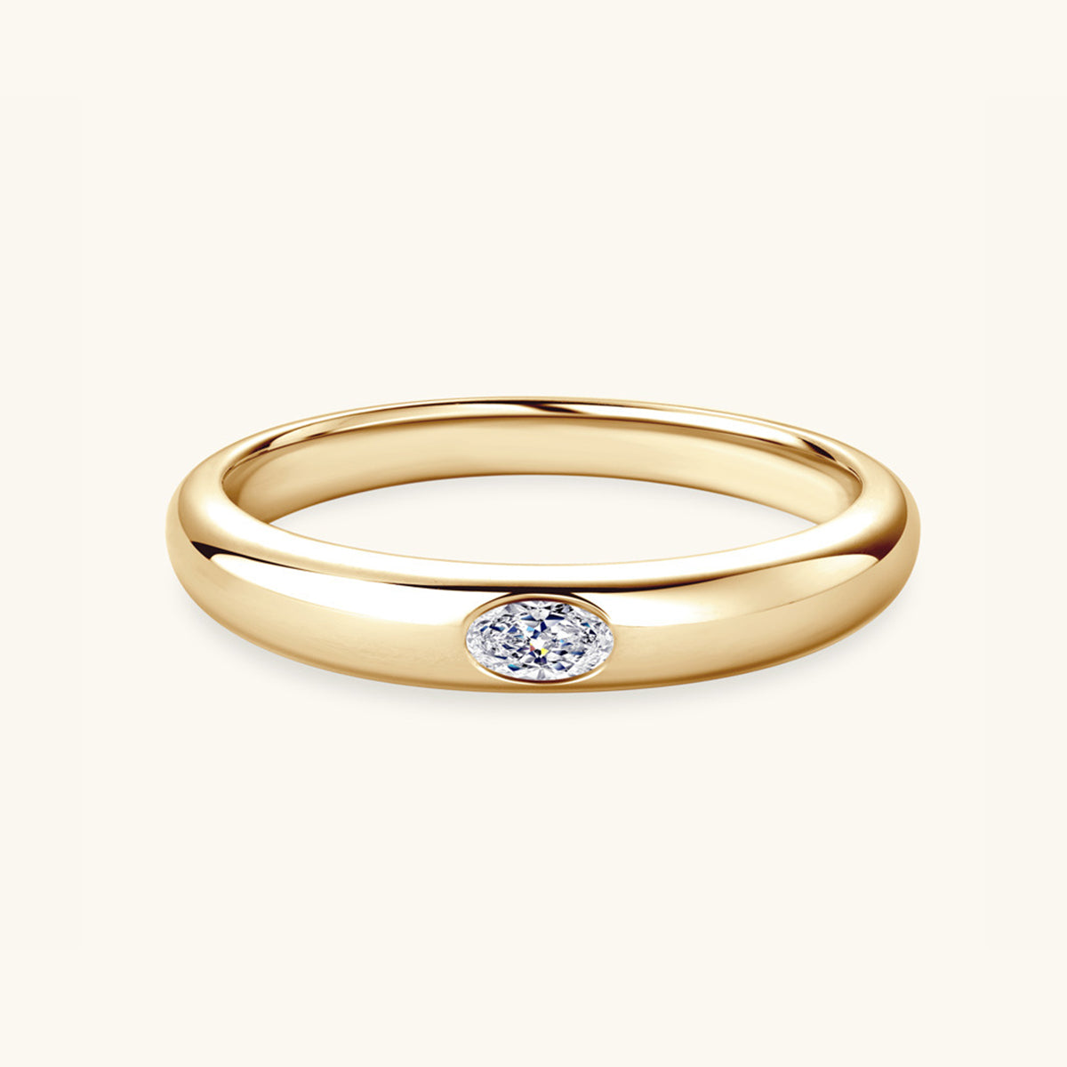 925 Sterling Silver Inlaid Oval Moissanite Band Gold Ring laying flat on white background.